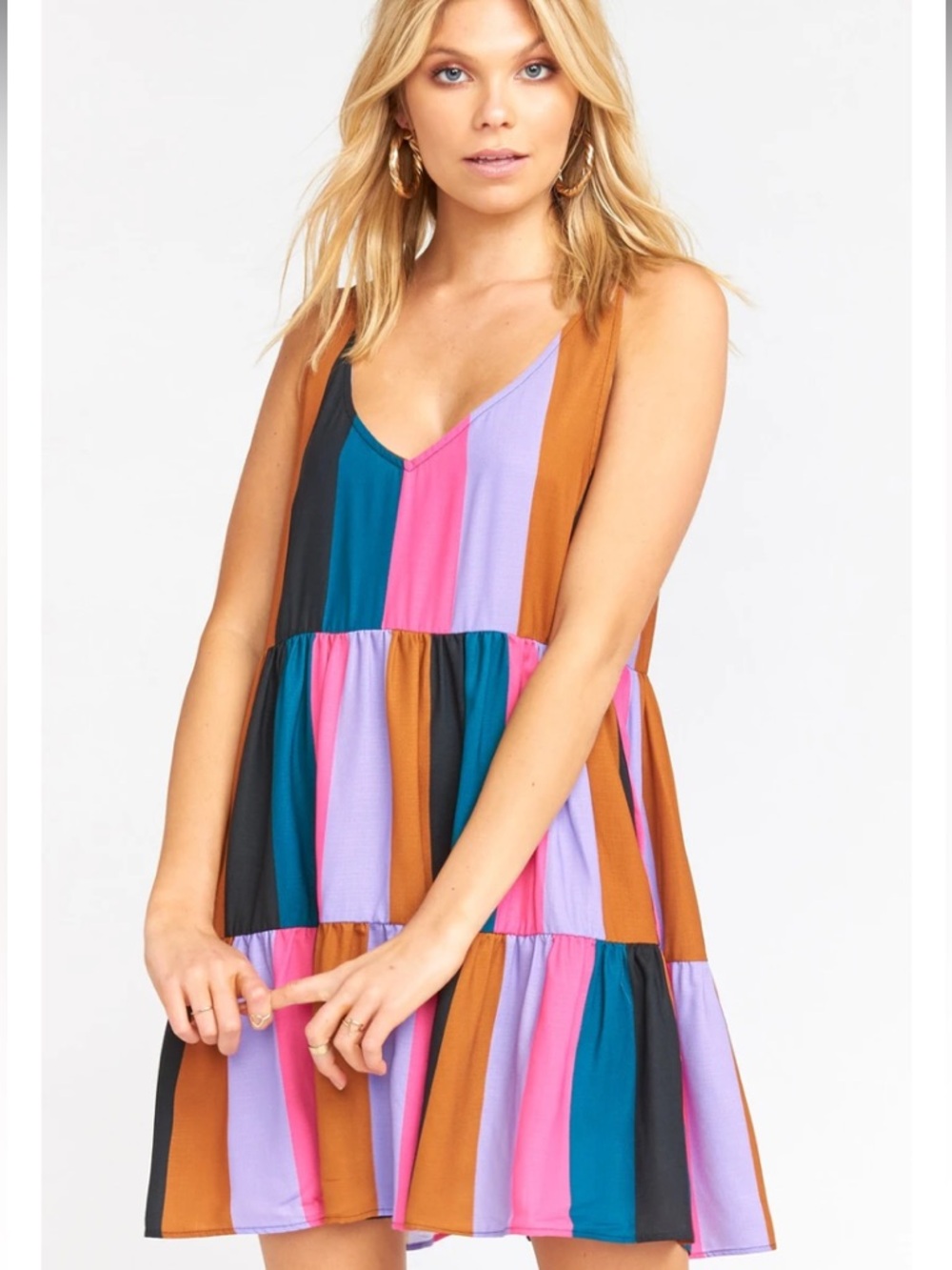 Show Me Your MuMu Emme Mezcal Stripe V-Neck Tiered Mini Tank Tiered Dress